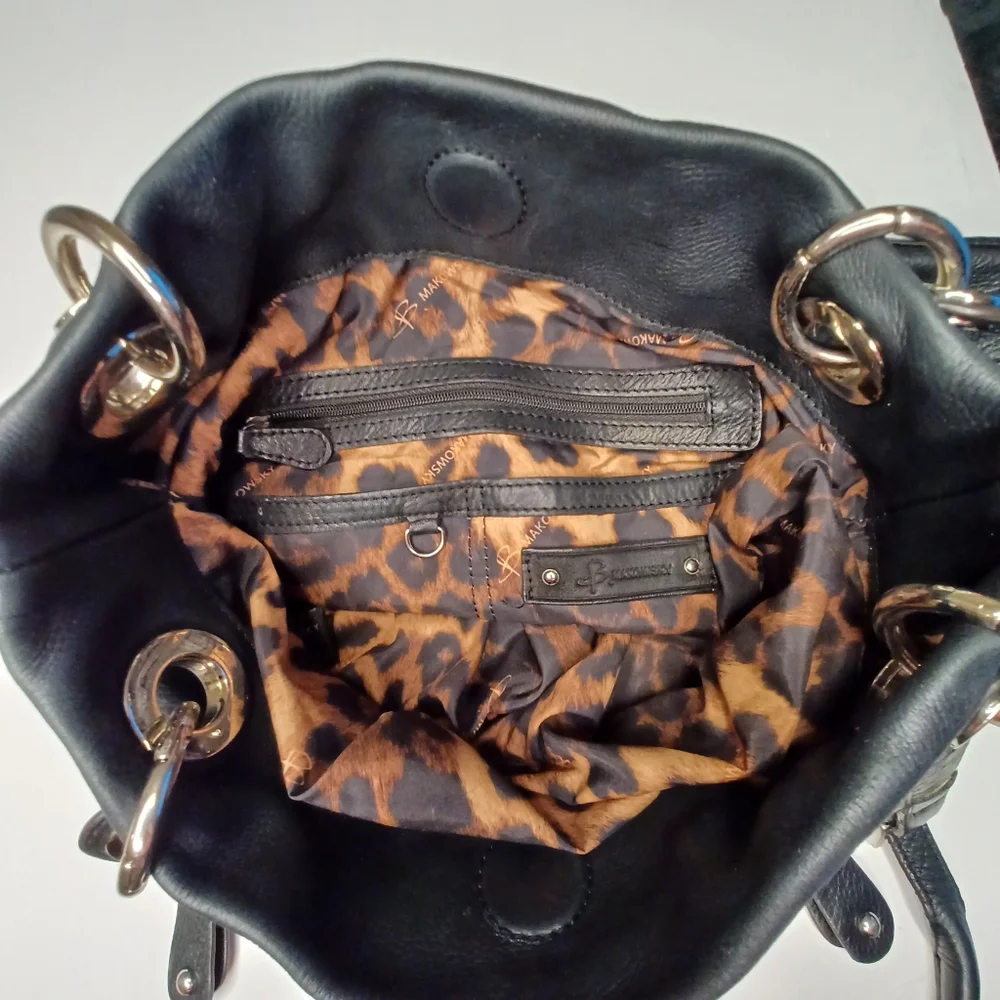 B. Makowsky Leather Hobo Style Moto Purse Shoulder Bag Black